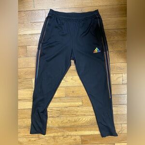 adidas Men's Track Pants - Size Medium. Black with rainbow stripes.